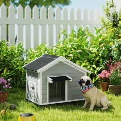 Niche chien sur pied design cottage - toit bitumé ouvrant, 2 portes, rideau à lanières - bois blanc gris