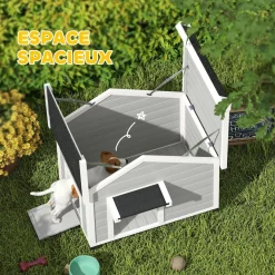 Niche chien sur pied design cottage - toit bitumé ouvrant, 2 portes, rideau à lanières - bois blanc gris