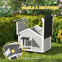 Niche chien sur pied design cottage - toit bitumé ouvrant, 2 portes, rideau à lanières - bois blanc gris