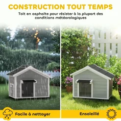 Niche chien sur pied design cottage - toit bitumé ouvrant, 2 portes, rideau à lanières - bois blanc gris