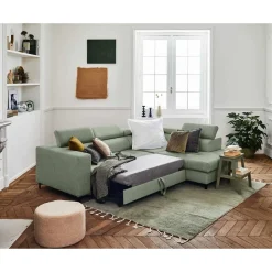 Olinda - canapé d'angle droit - 5 places - convertible avec coffre et têtières réglables - en tissu