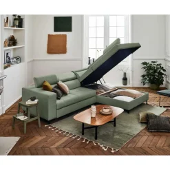 Olinda - canapé d'angle droit - 5 places - convertible avec coffre et têtières réglables - en tissu