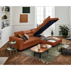 Olinda - canapé d'angle droit - 5 places - convertible avec coffre et têtières réglables - en tissu