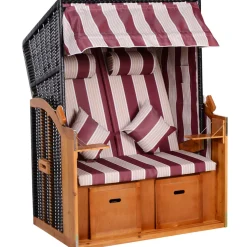 Outsunny Corbeille de plage 2 places pliable - Cabine chaise de plage inclinable - abri plage strandkorb - coussins, repose-pieds, tablettes, pare-soleil - bois résine tressée polyester beige bordeaux