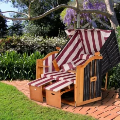 Outsunny Corbeille de plage 2 places pliable - Cabine chaise de plage inclinable - abri plage strandkorb - coussins, repose-pieds, tablettes, pare-soleil - bois résine tressée polyester beige bordeaux