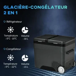 Outsunny Glacière-congélateur portable à compression 2 compartiments -22°C - 10°C 45L prise alume-cigare + adaptateur inclus gris noir