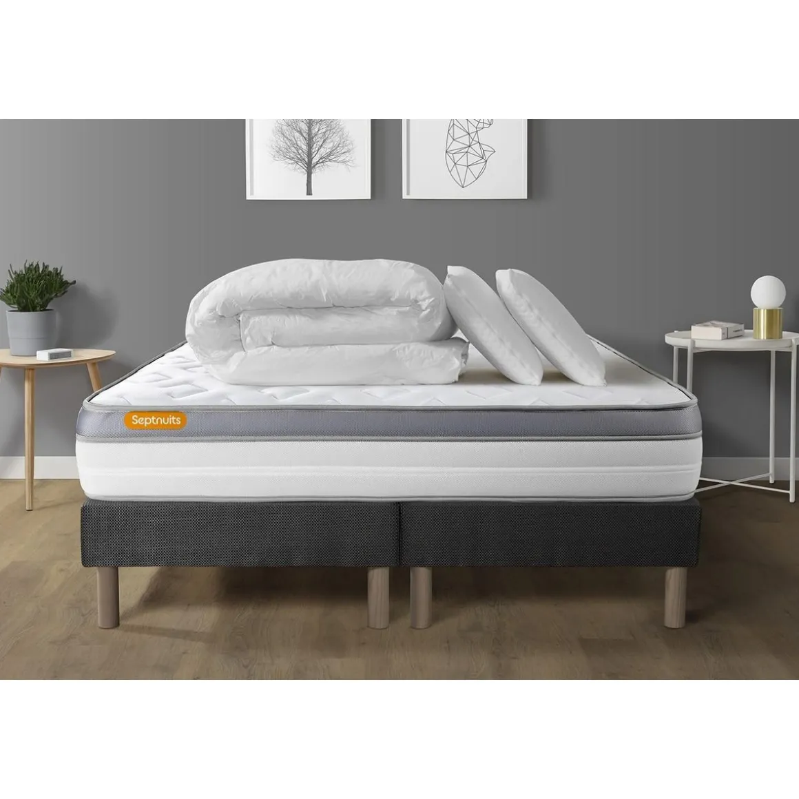 Pack matelas + double sommiers gris Memo Zen Mousse à mémoire de forme 5 zones de confort MAXI épaisseur