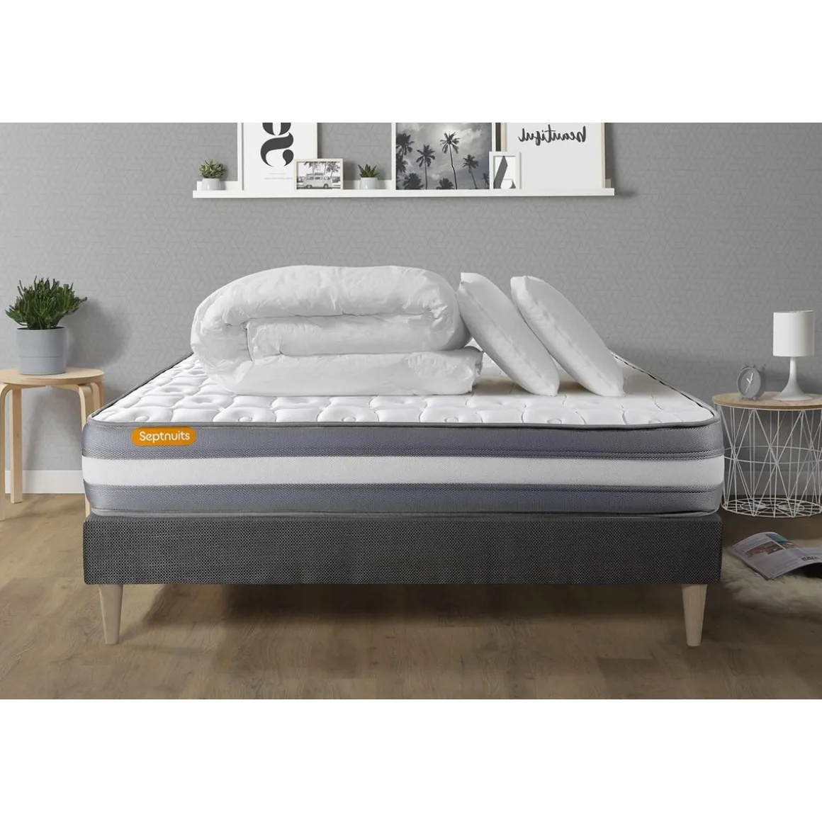 PACK matelas + sommier kit gris Memo Plus Mémoire de forme + 2 oreillers + couette