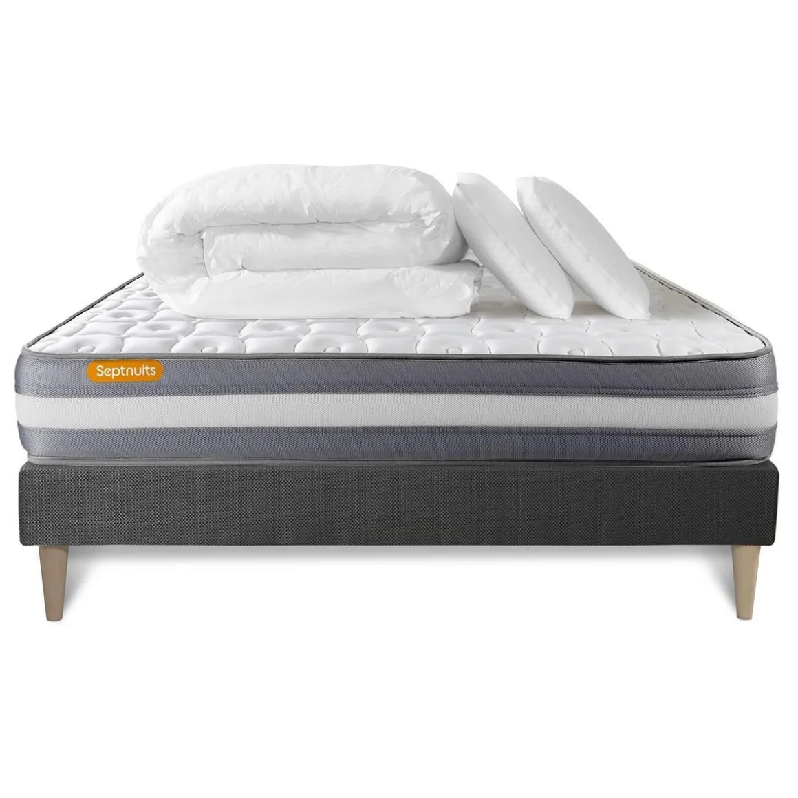 PACK matelas + sommier kit gris Memo Plus Mémoire de forme + 2 oreillers + couette