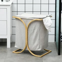 Panier à linge corbeille à linge bac linge sale 2 paniers bambou polyester gris