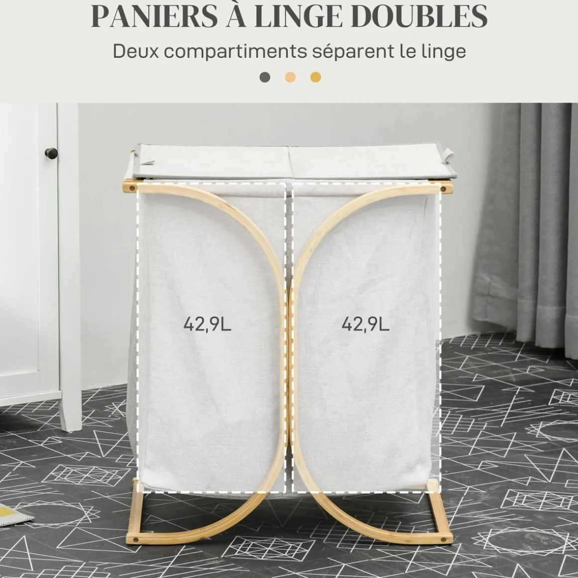 Panier à linge corbeille à linge bac linge sale 2 paniers bambou polyester gris