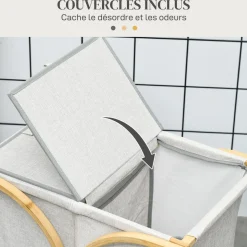 Panier à linge corbeille à linge bac linge sale 2 paniers bambou polyester gris