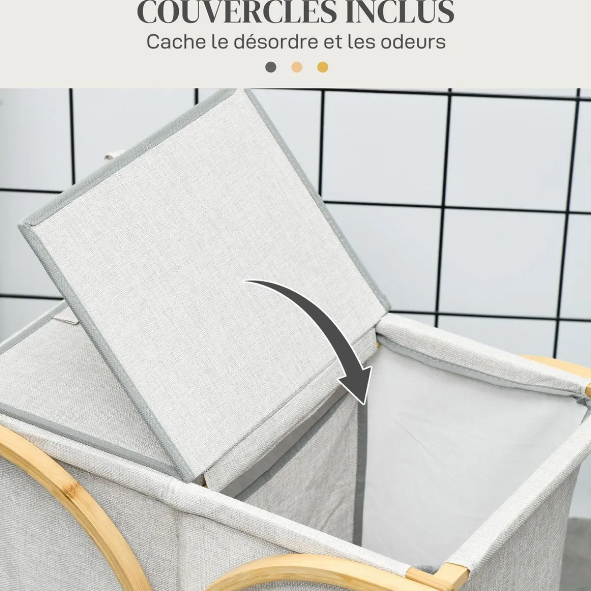 Panier à linge corbeille à linge bac linge sale 2 paniers bambou polyester gris