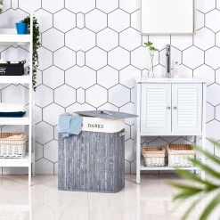 Panier à linge corbeille à linge 2 bacs bambou pliable couvercle poignée sac amovible en toile gris