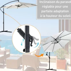 Parasol déporté octogonal inclinable manivelle pied acier Ø 3 x 2,5H m crème