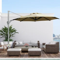 Parasol déporté octogonal inclinable pivotant 360° manivelle dim. 3L x 3l x 2,5H m alu. acier époxy polyester kaki