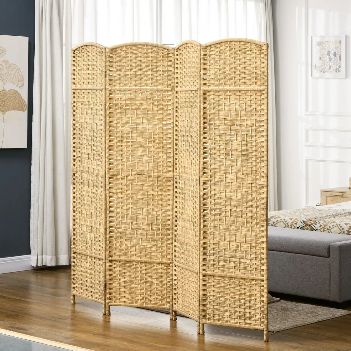 Paravent intérieur en bois 4 panneaux 180 x 180 cm séparateur de pièce pliable bois naturel