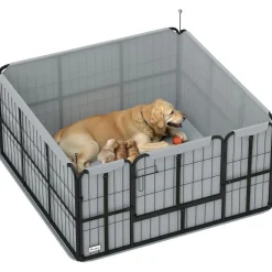 Parc de mise bas pour chien - porte verrouillable, tapis propreté lavable - acier noir