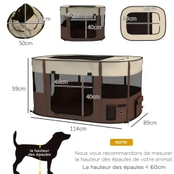 Parc pliable pour chien en tissu Oxford - fenêtres, portes en maille - sac de rangement - marron