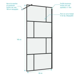 Paroi de douche à l'italienne type industriel noir 90x195 cm - BRICKS 90