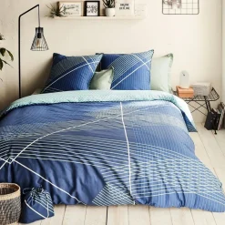 Parure de lit 2 personnes en coton 57 fils imprimé bleu