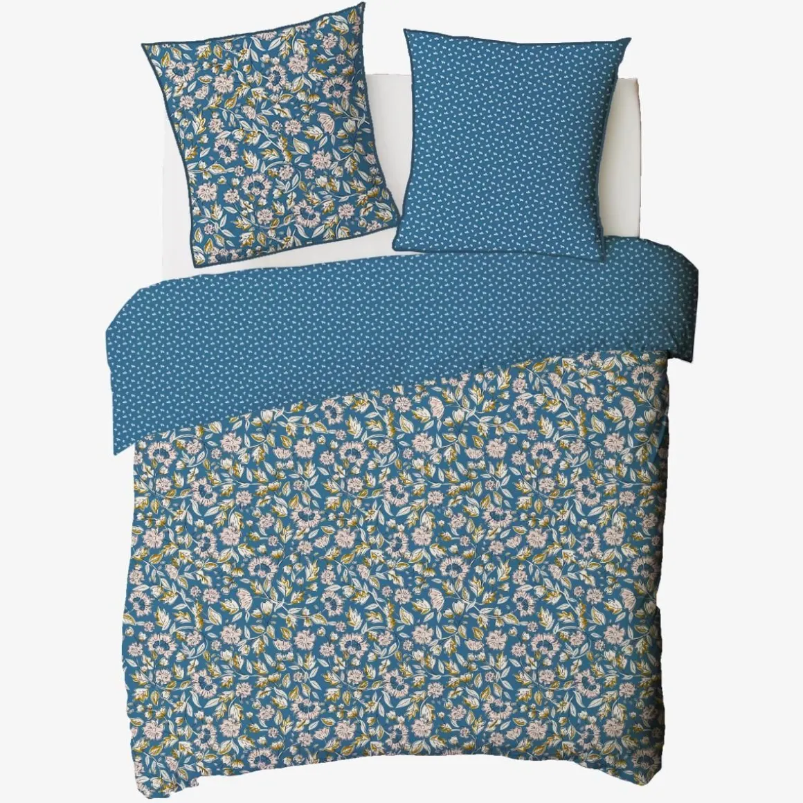 Parure de lit 2 personnes en percale 70 fils imprimé bleu