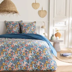 Parure de lit 2 personnes en coton 57 fils imprimé bleu