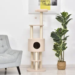 PawHut Arbre à Chats avec Griffoir Niche Poteaux Peluche Haute Densité 45L x 40L x 148H cm Beige
