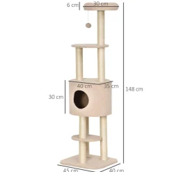 PawHut Arbre à Chats avec Griffoir Niche Poteaux Peluche Haute Densité 45L x 40L x 148H cm Beige