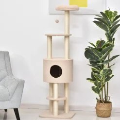 PawHut Arbre à Chats avec Griffoir Niche Poteaux Peluche Haute Densité 45L x 40L x 148H cm Beige