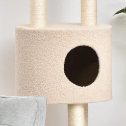 PawHut Arbre à Chats avec Griffoir Niche Poteaux Peluche Haute Densité 45L x 40L x 148H cm Beige