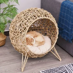 PawHut Panier chat lit chat cosy grand confort dim. Ø 52 x 58H cm coussin moelleux inclus résine tressée imitation rotin beige