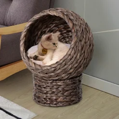 PawHut Panier chat lit chat cosy grand confort dim. 42L x 33l x 52H cm coloris gris coussin moelleux beige inclus