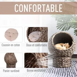 PawHut Panier chat lit chat cosy grand confort dim. 42L x 33l x 52H cm coloris gris coussin moelleux beige inclus