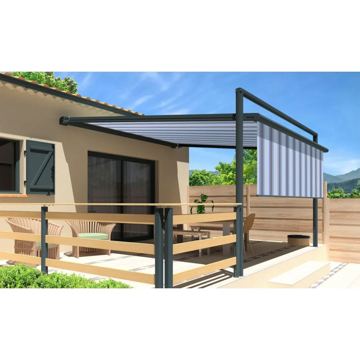 Pergola grise anthracite motorisée 4x4x1,50m avec lambrequins MELODIE