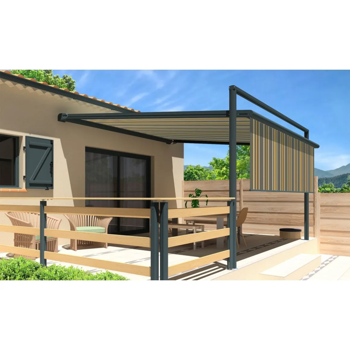 Pergola grise anthracite motorisée 4x4x1,50m avec lambrequins MELODIE