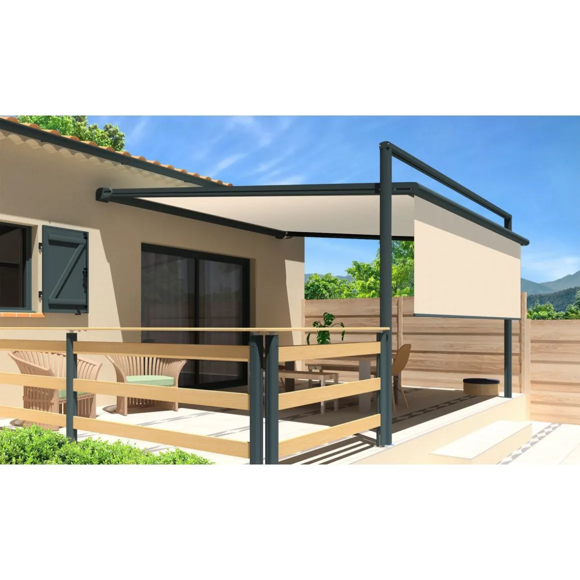 Pergola grise anthracite motorisée 4x4x1,50m avec lambrequins MELODIE