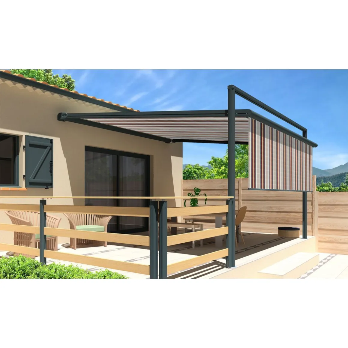 Pergola grise anthracite motorisée 4x4x1,50m avec lambrequins MELODIE