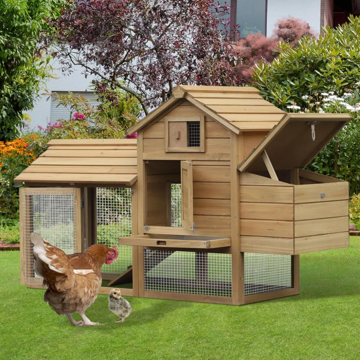 Petit poulailler cottage cage à poules sur pied dim. 151L x 54l x 87H cm multi-équipement bois massif de pin