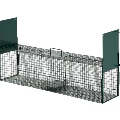 Piège de capture pour petits animaux type lapin rat - 2 entrées + poignée - dim. 100L x 25l x 28H cm - métal vert