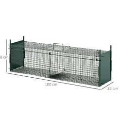Piège de capture pour petits animaux type lapin rat - 2 entrées + poignée - dim. 100L x 25l x 28H cm - métal vert