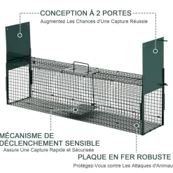 Piège de capture pour petits animaux type lapin rat - 2 entrées + poignée - dim. 100L x 25l x 28H cm - métal vert