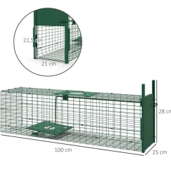 Piège de capture pour petits animaux type lapin rat - entrée, poignée - dim. 100L x 25l x 28H cm - acier vert
