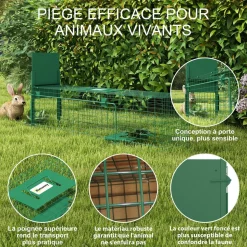 Piège de capture pour petits animaux type lapin rat - entrée, poignée - dim. 100L x 25l x 28H cm - acier vert