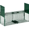 Piège de capture pour petits animaux type lapin rat - 2 entrées + poignée - dim. 80L x 25l x 30H cm - métal vert