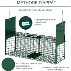Piège de capture pour petits animaux type lapin rat - 2 entrées + poignée - dim. 80L x 25l x 30H cm - métal vert
