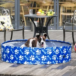 Piscine pour chien bassin PVC pliable anti-glissant facile à nettoyer Ø 1,4 m hauteur 30 cm motifs os pattes bleu