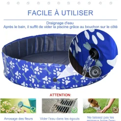 Piscine pour chien bassin PVC pliable anti-glissant facile à nettoyer Ø 1,4 m hauteur 30 cm motifs os pattes bleu