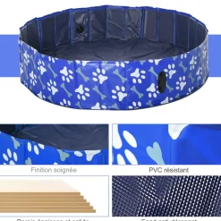 Piscine pour chien bassin PVC pliable anti-glissant facile à nettoyer Ø 1,4 m hauteur 30 cm motifs os pattes bleu