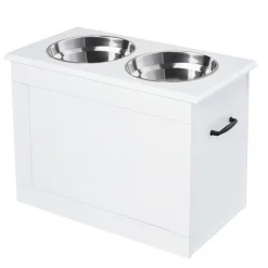 Porte-gamelles surélevé 2 gamelles avec coffre blanc